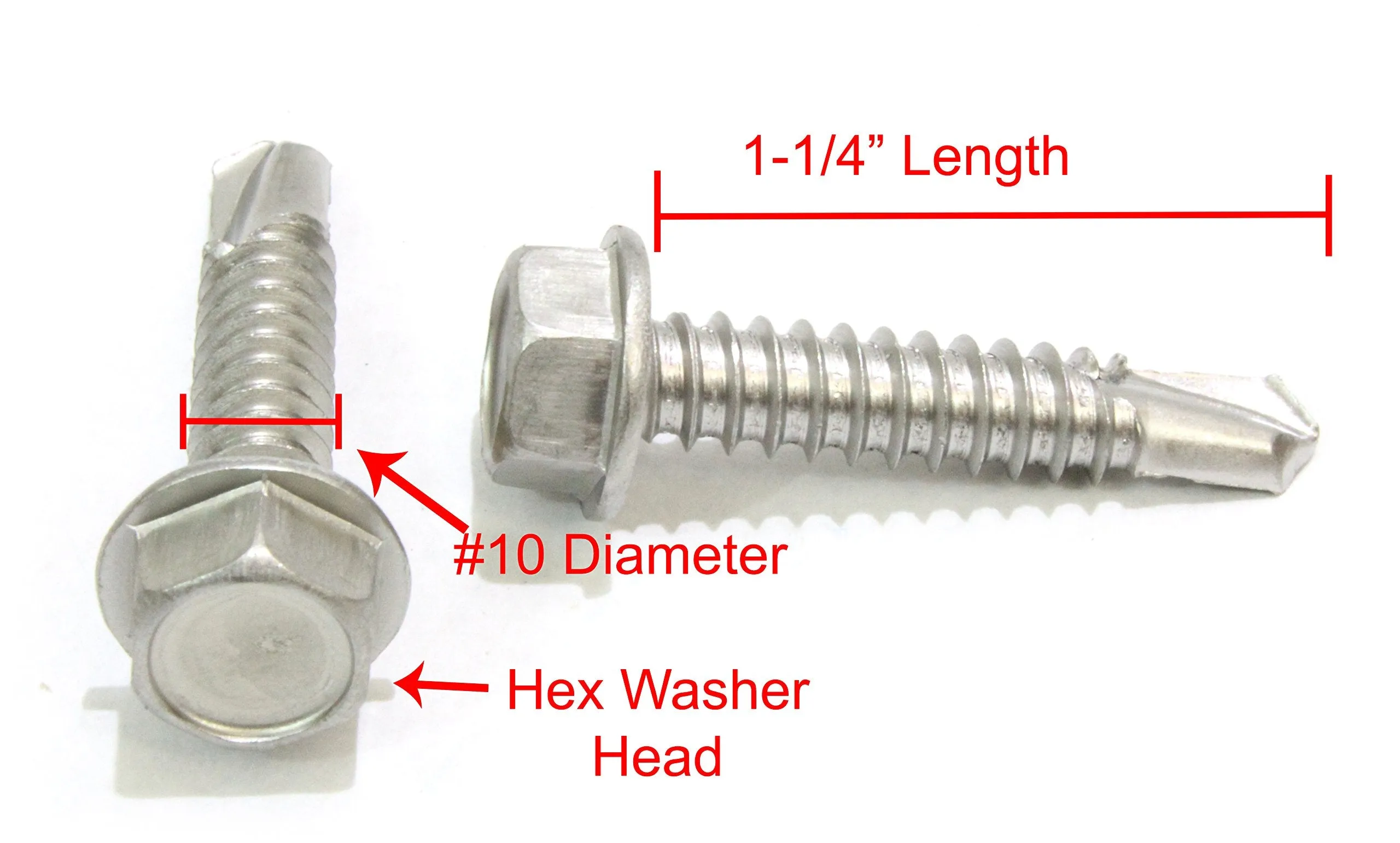 10 x 1-1/4" Stainless Hex Washer Head Self Drilling Screws, (100pc) 410 Stainless Steel