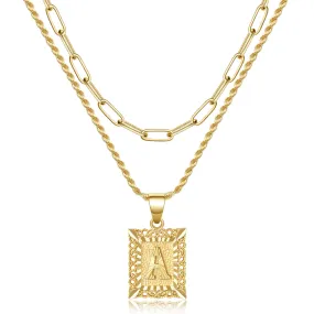 14K Gold Plated Layered Square Initial Letter Pendant Twist Rope Chain Necklace