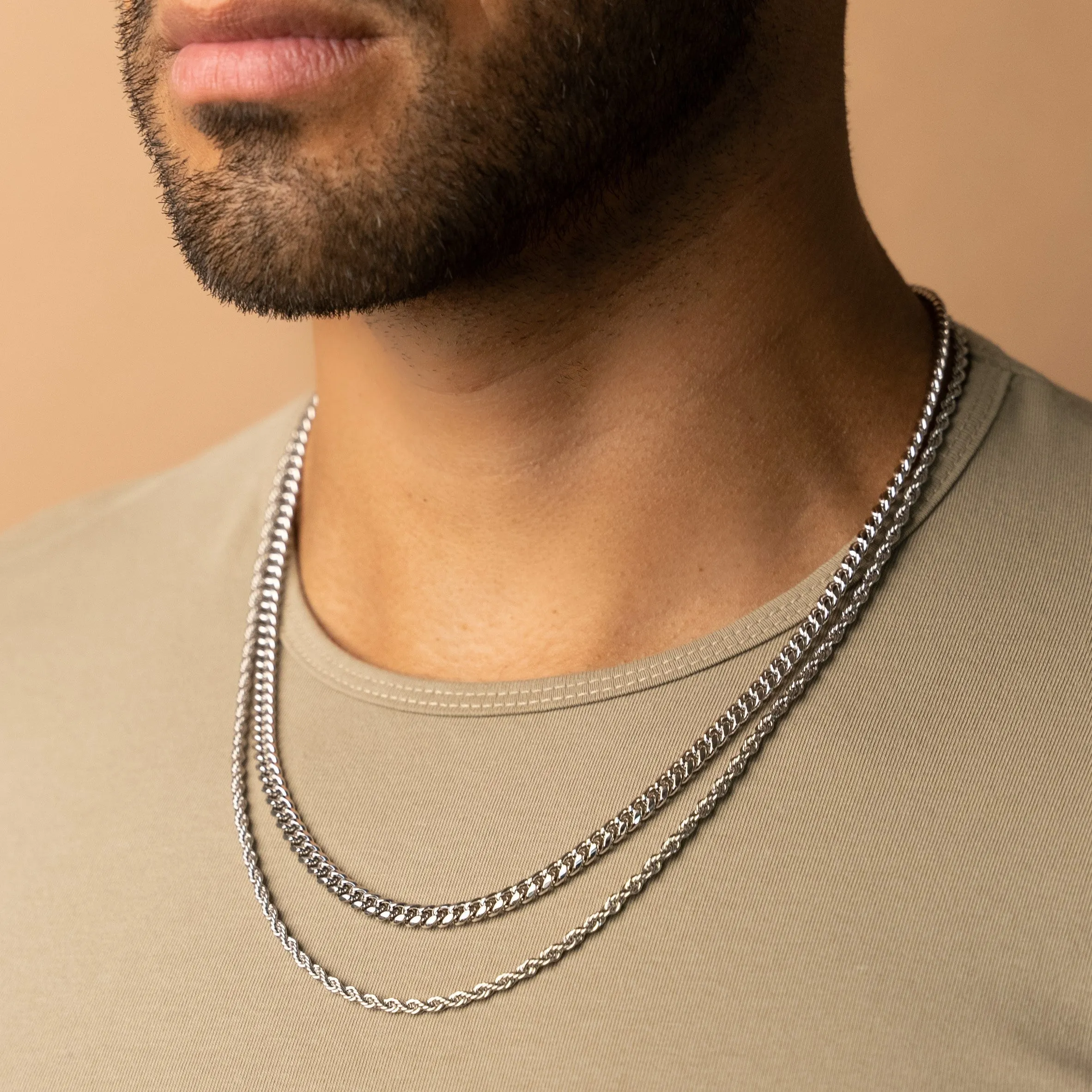 5mm Cuban Link   3mm Rope Chain Bundle - White Gold