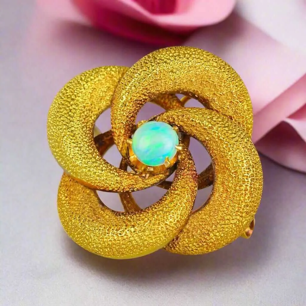 Antique 18K Gold Lovers Knot Opal Brooch Pendant