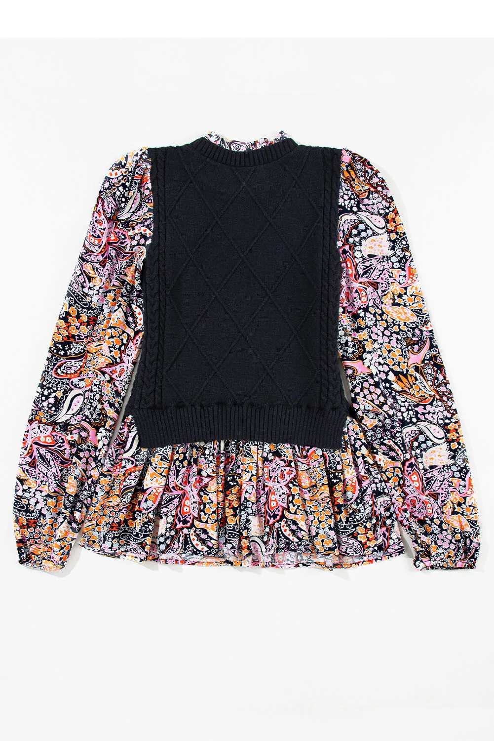 Black Contrast Floral Sleeve Peplum Sweater