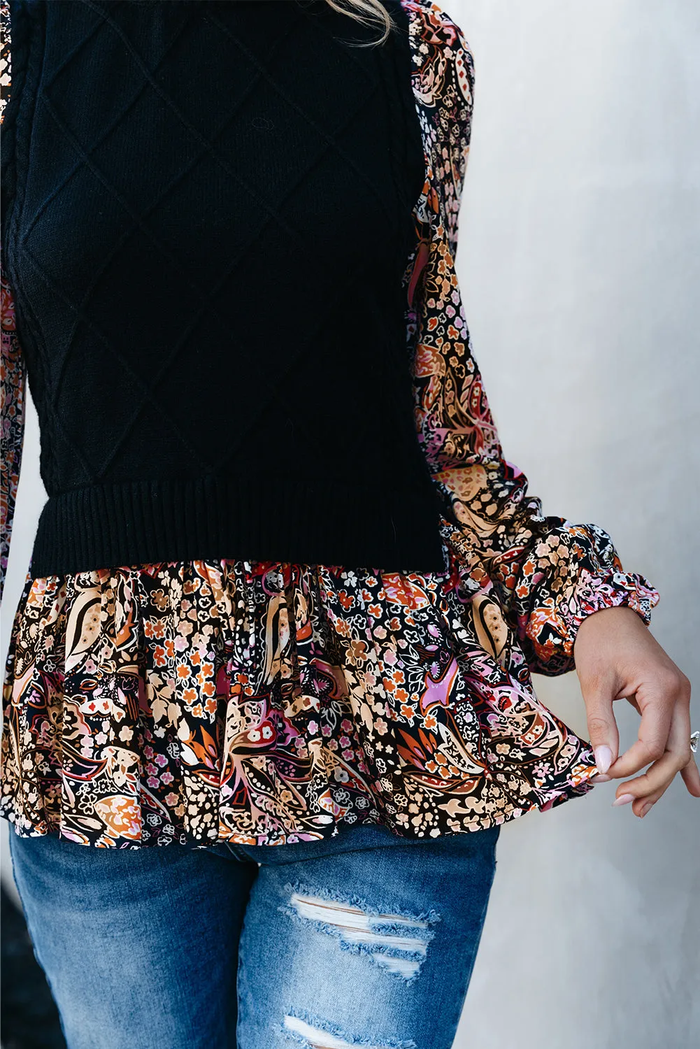 Black Contrast Floral Sleeve Peplum Sweater