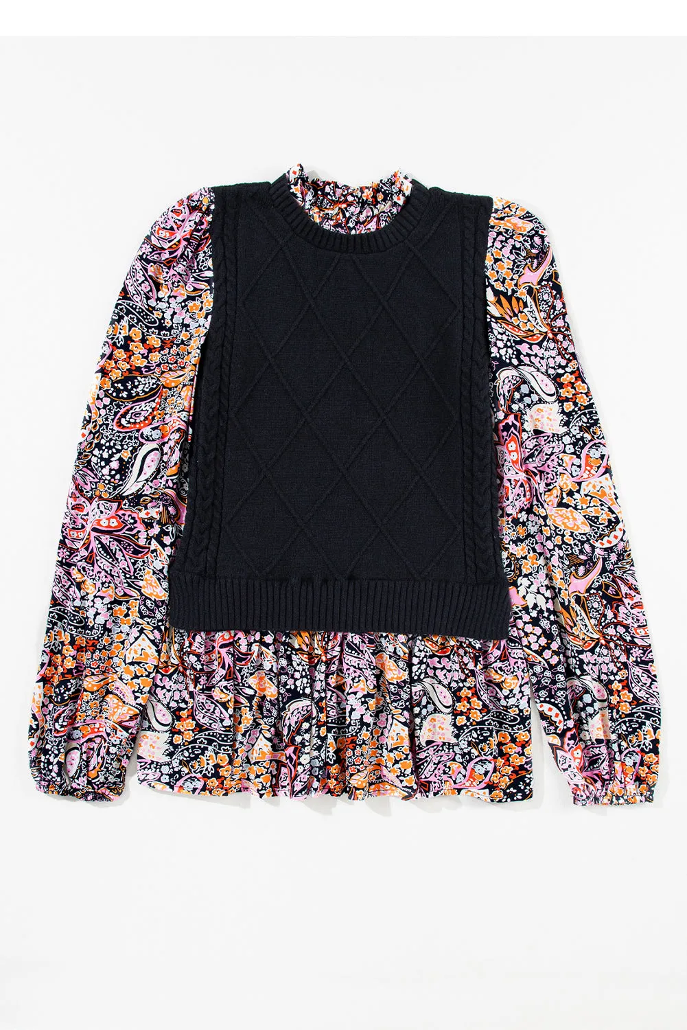 Black Contrast Floral Sleeve Peplum Sweater