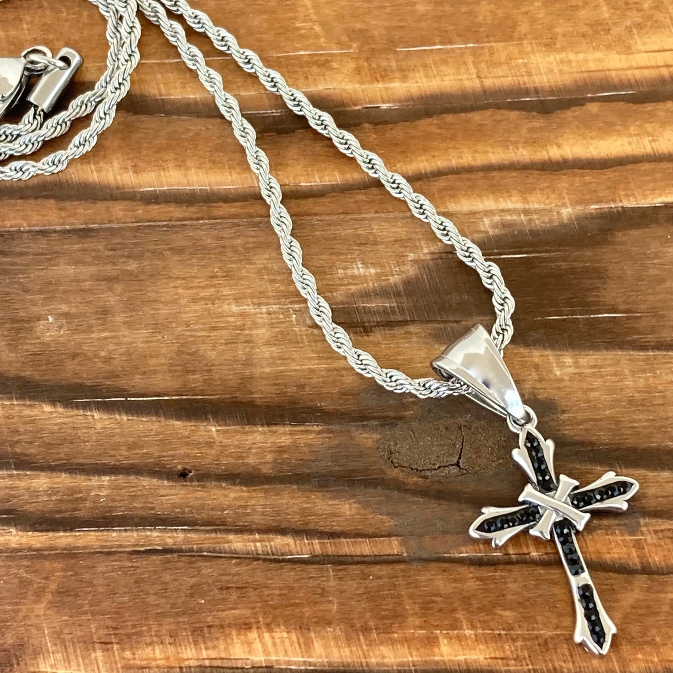 Bling Cross - Black Stone - Mini Pendant - Rope Necklace - SK2605M