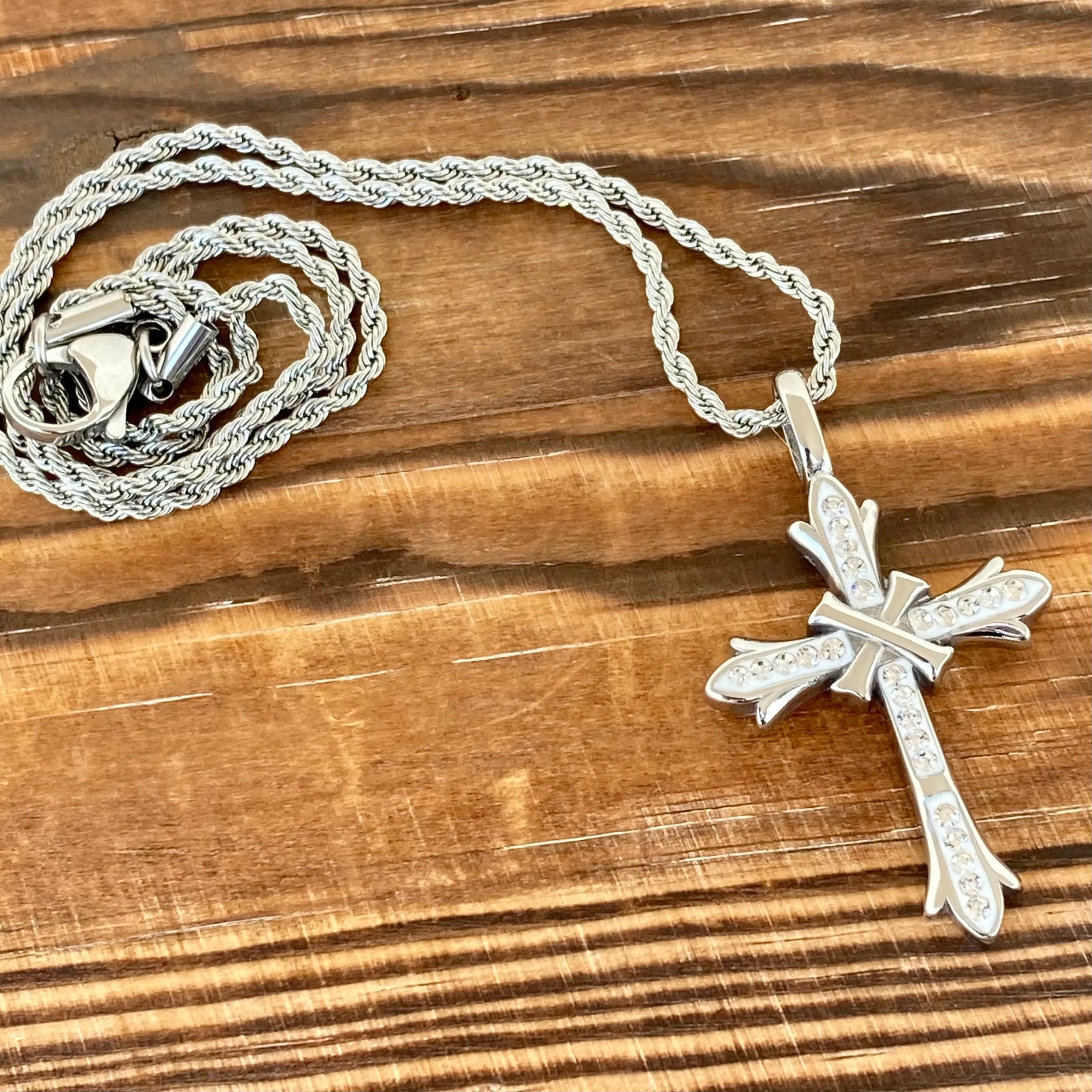 Bling Cross - White Stone - Pendant - Rope Necklace - SK2604