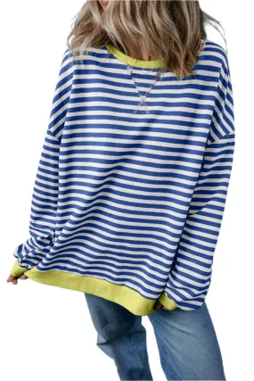 Blue Stripe Oversized Contrast Trim Pullover Sweatshirt