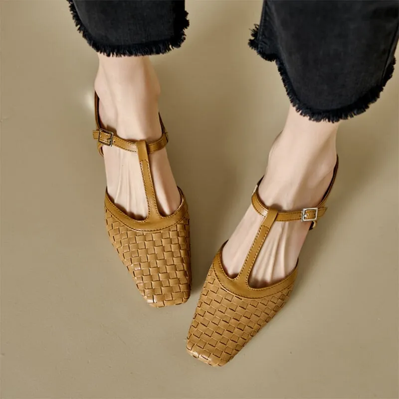 Cow Leather Weaving Mule Slippers For Women in Black/Beige/Apricot