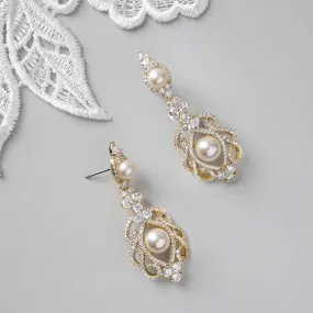 CZ Bridal Art Deco Earrings with Pearls