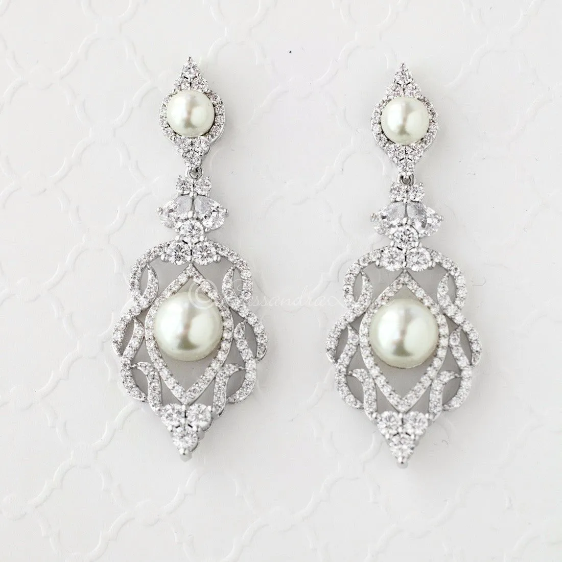 CZ Bridal Art Deco Earrings with Pearls