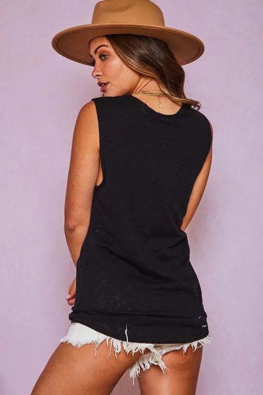 Distressed 'GOOD VIBES' Graphic Tank Top - Black