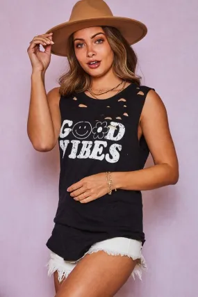 Distressed 'GOOD VIBES' Graphic Tank Top - Black