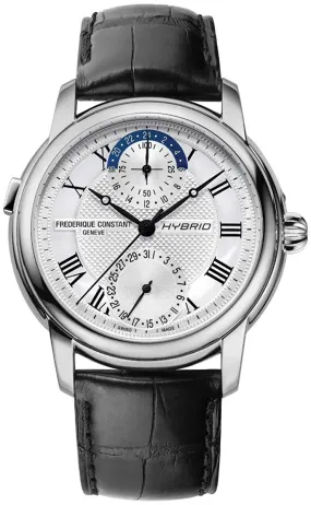 Frederique Constant Hybrid Manufacture Automatic Worldtimer Stainless Steel Silver-Tone Dial Black Leather Date Mens Horological Smartwatch FC-750MC4H6