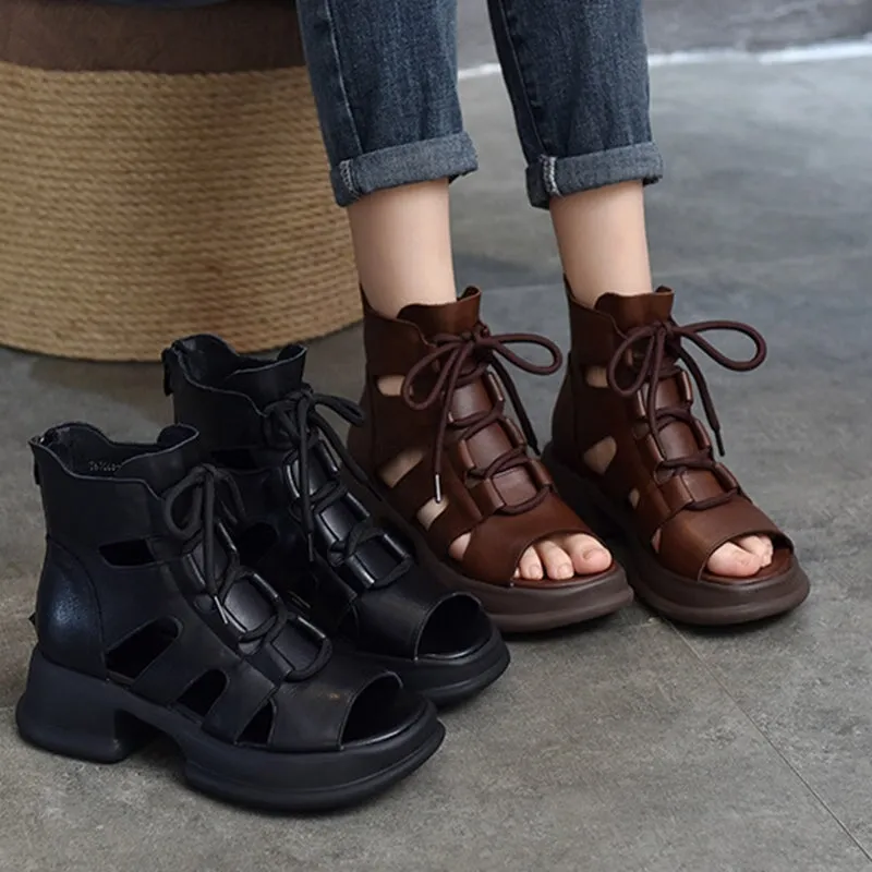 Genuine Leather Platform Sandals Lace Up Retro Peep Toe Gladiator Sandals in Brown/Black