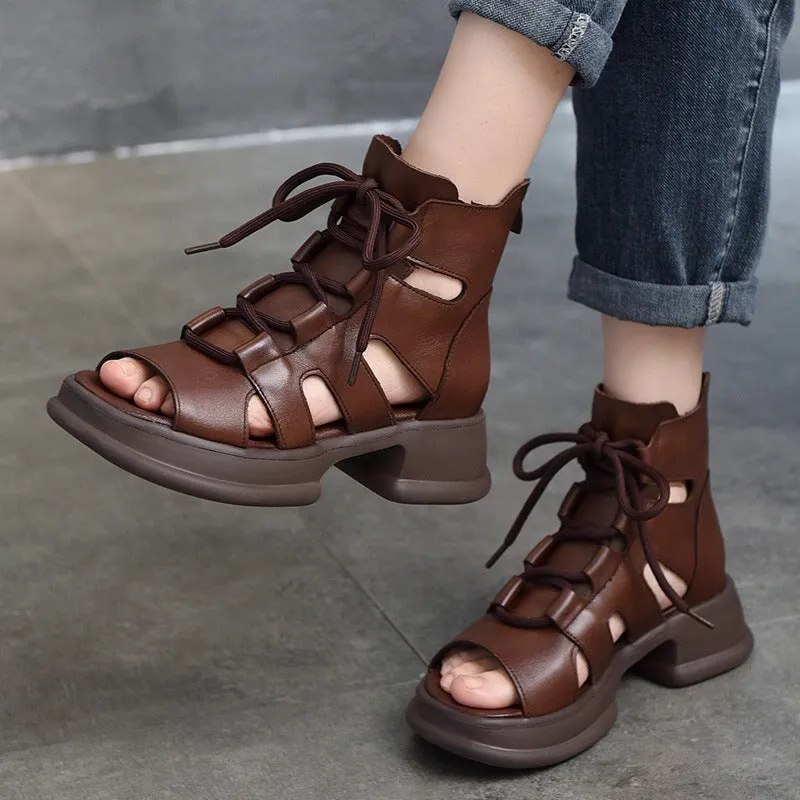 Genuine Leather Platform Sandals Lace Up Retro Peep Toe Gladiator Sandals in Brown/Black