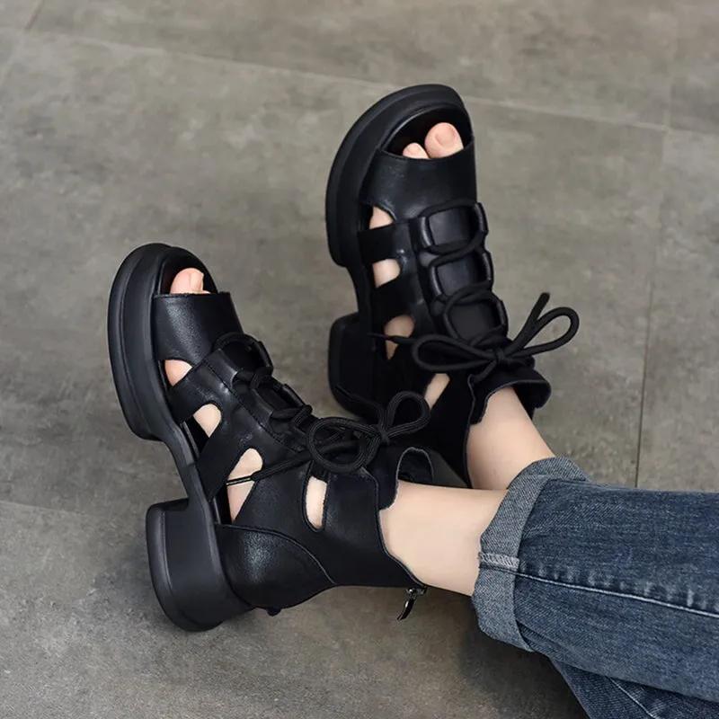 Genuine Leather Platform Sandals Lace Up Retro Peep Toe Gladiator Sandals in Brown/Black