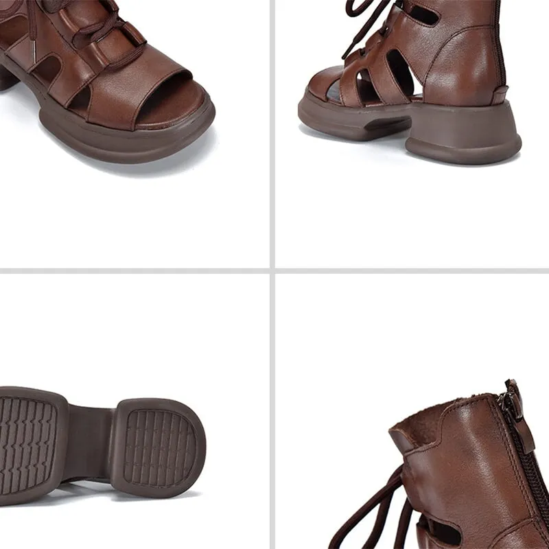 Genuine Leather Platform Sandals Lace Up Retro Peep Toe Gladiator Sandals in Brown/Black