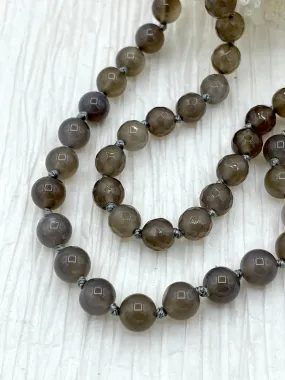 GRAY AGATE Hand Knotted Gemstone Necklace, 36"  Agate, 8mm Polished finish with Gray thread. Fast ship