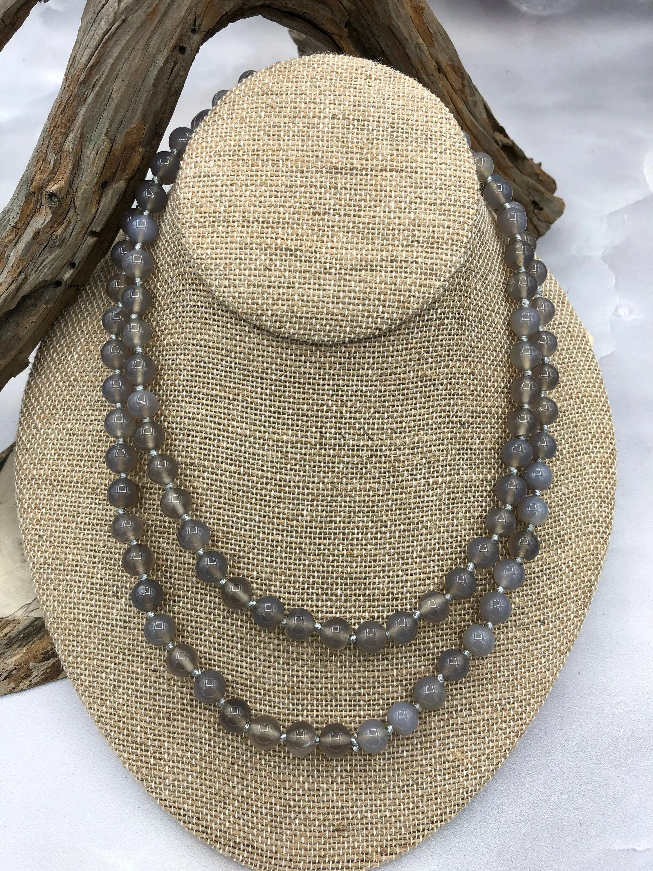 GRAY AGATE Hand Knotted Gemstone Necklace, 36"  Agate, 8mm Polished finish with Gray thread. Fast ship