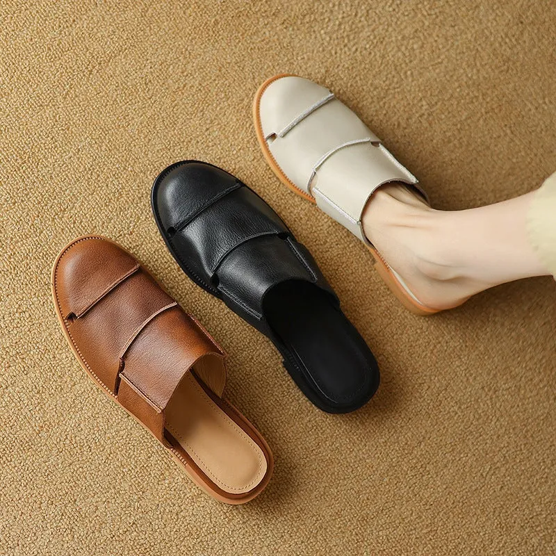 Leather Mules Cut Out Summer Slippers Handmade in Black/Beige/Brown