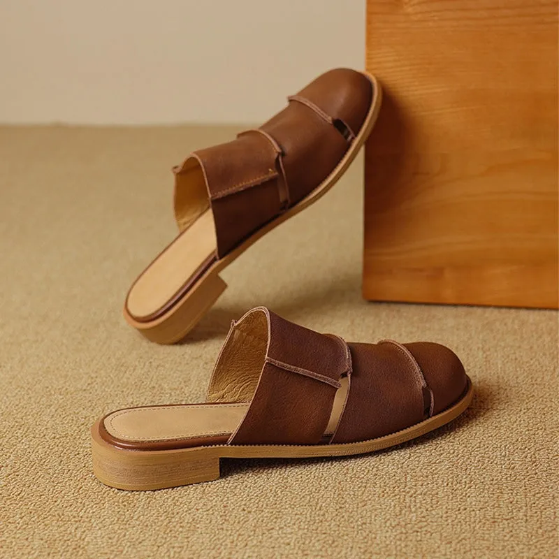 Leather Mules Cut Out Summer Slippers Handmade in Black/Beige/Brown