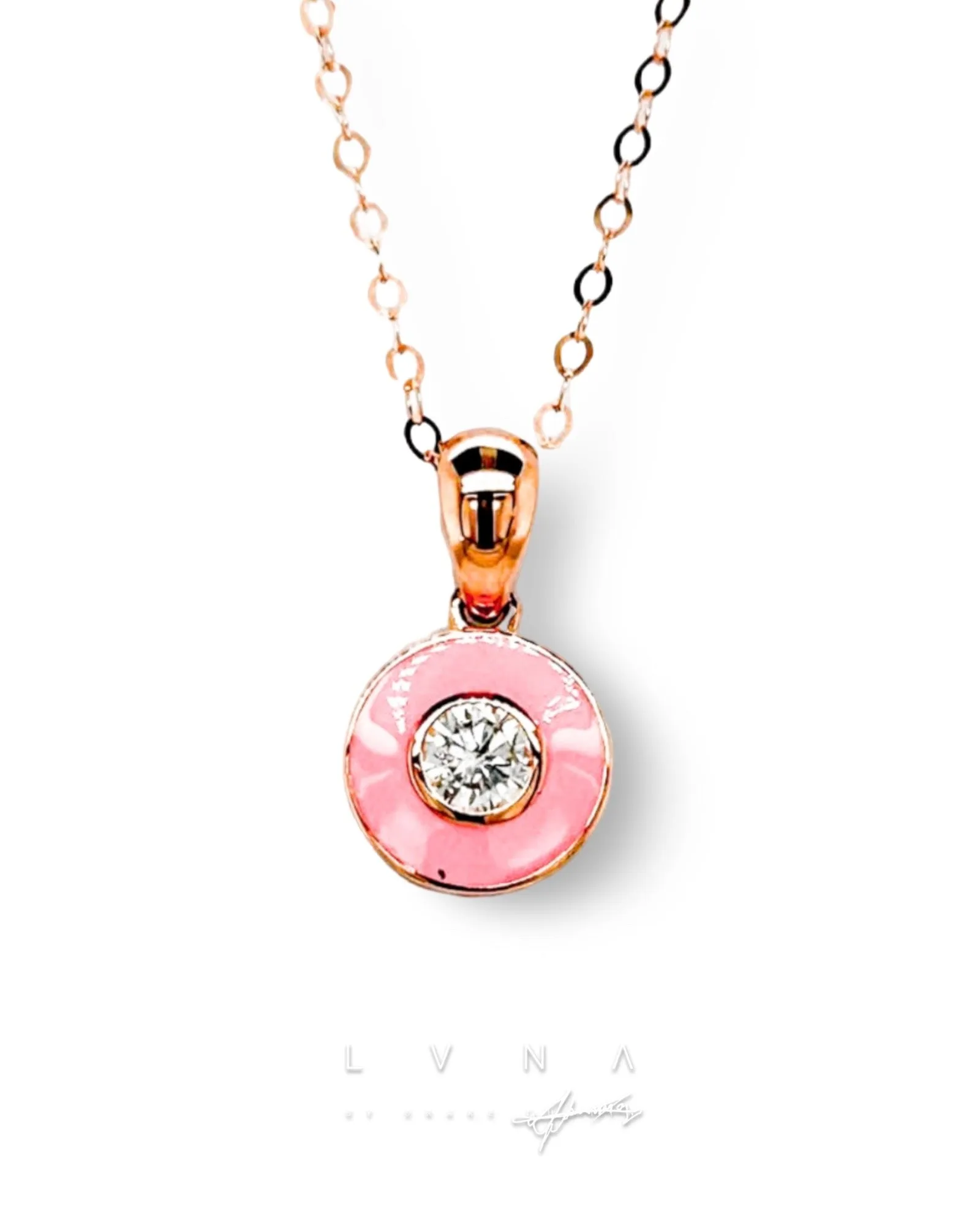 #LVNA2024 | 0.30ct Rose Classic Round Pink Enamel Diamond Necklace 18kt