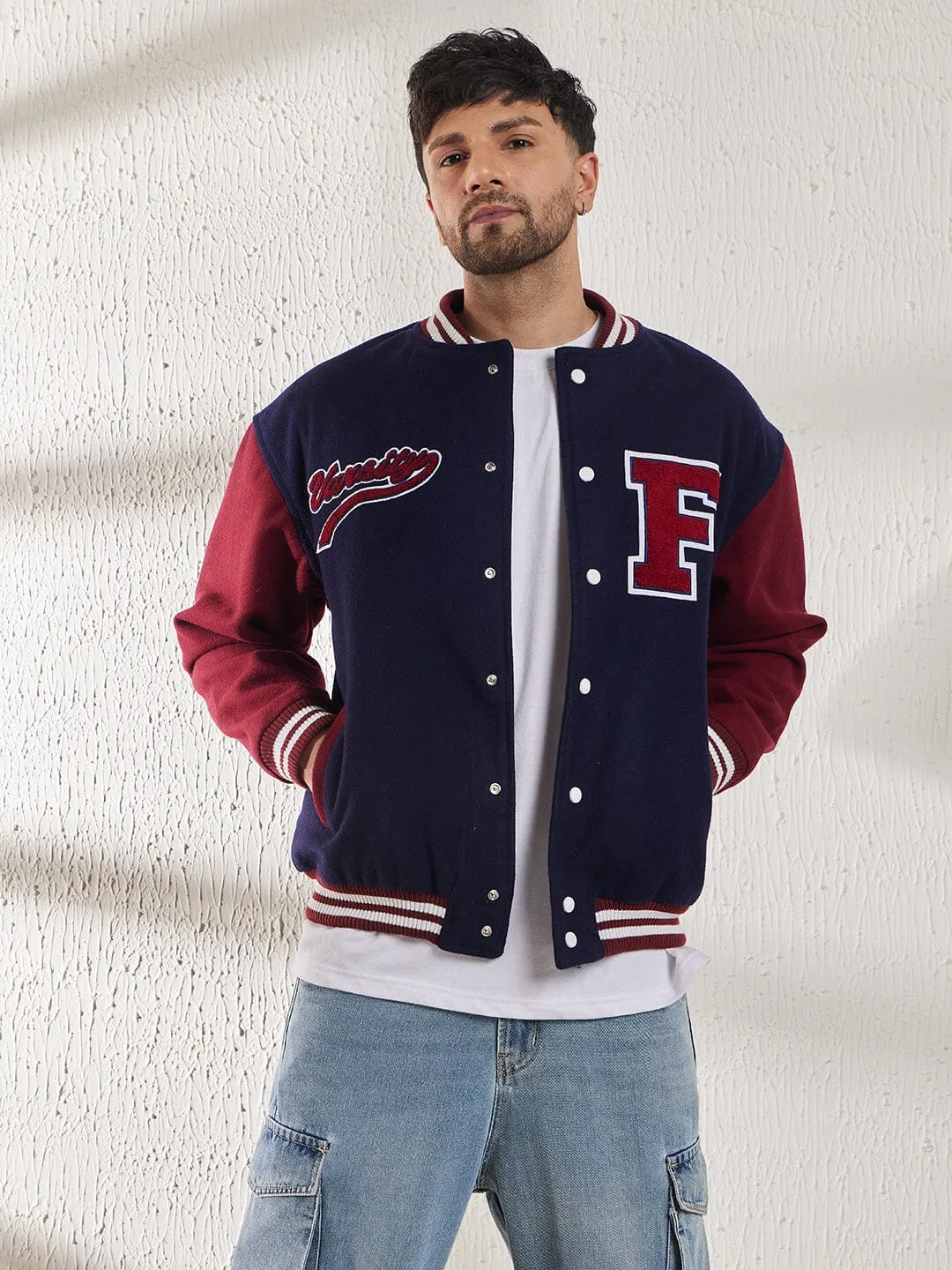 Navy Woollen Letterman Varsity Jacket