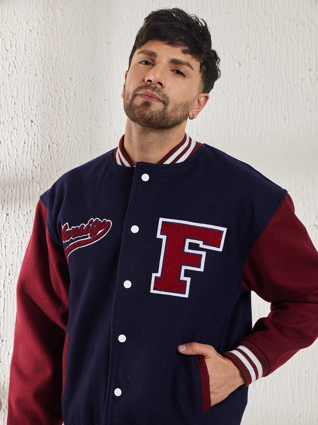 Navy Woollen Letterman Varsity Jacket