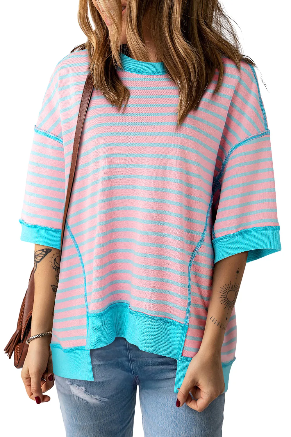 Pink Stripe Oversized Contrast Trim Exposed Seam High Low T Shirt