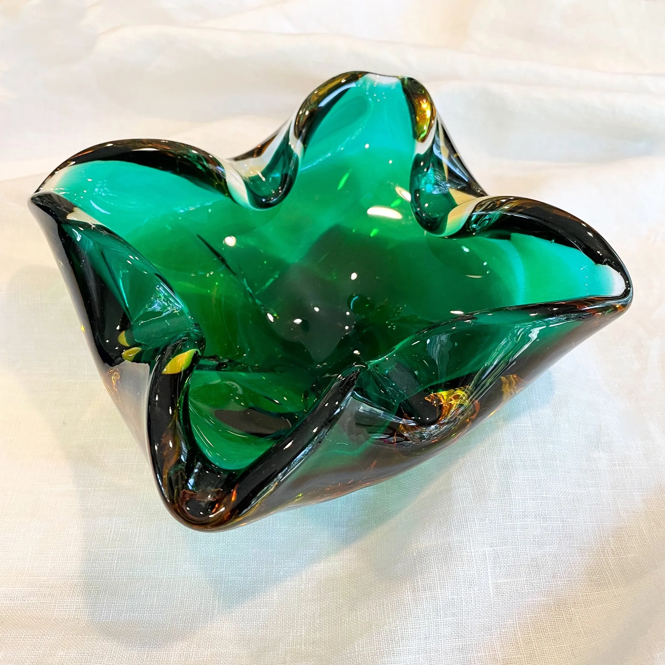 SOLD MCM Vintage Handblown Glass Bowl, Emerald Green/Gold Art Glass