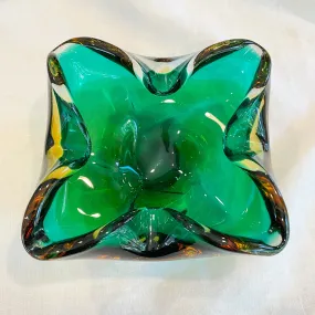 SOLD MCM Vintage Handblown Glass Bowl, Emerald Green/Gold Art Glass