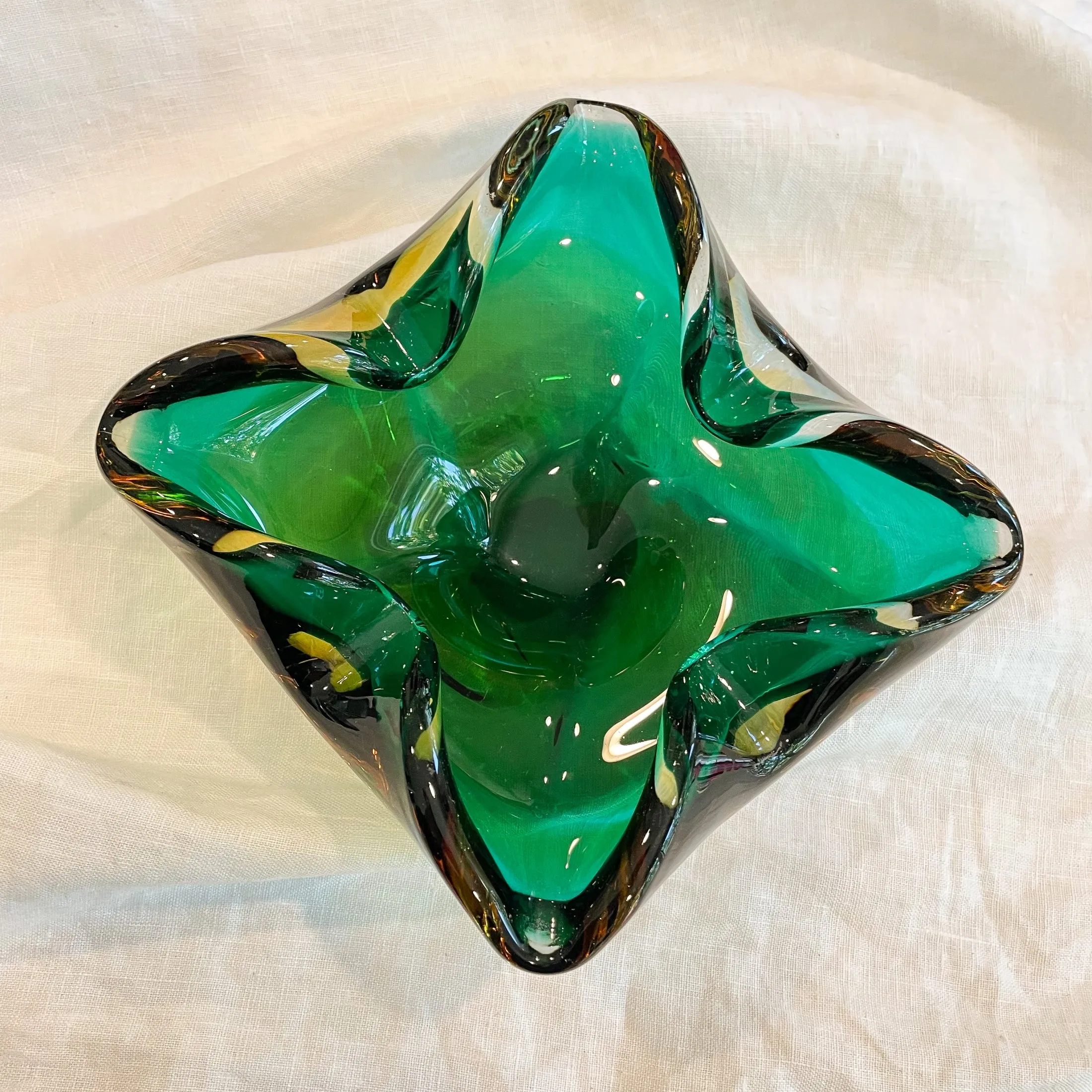 SOLD MCM Vintage Handblown Glass Bowl, Emerald Green/Gold Art Glass