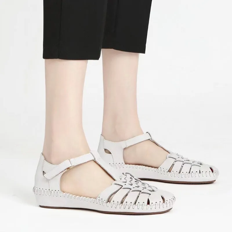 T Strap Summer Mary Jane Shoes Genuine Leather Woven Gladiator Sandals in White/Black