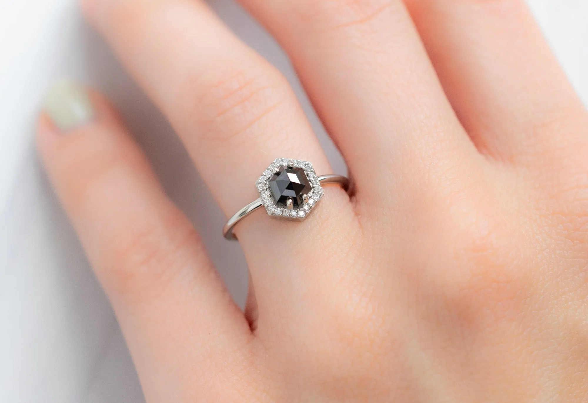 The Dahlia Ring with a 1.38ct Black Hexagon Diamond