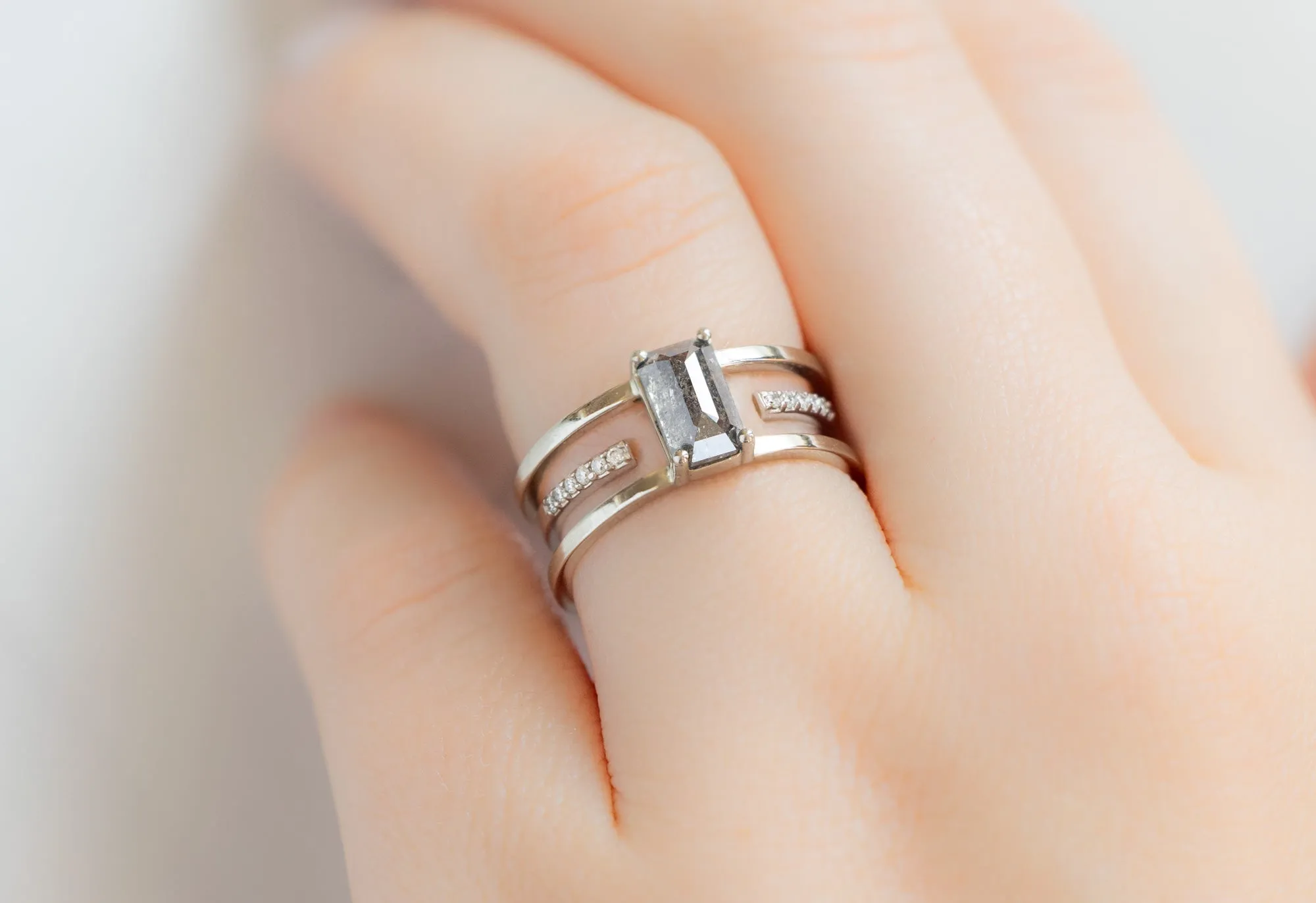 The Poppy Ring with a .99ct Emerald-Cut Salt and Pepper Diamond