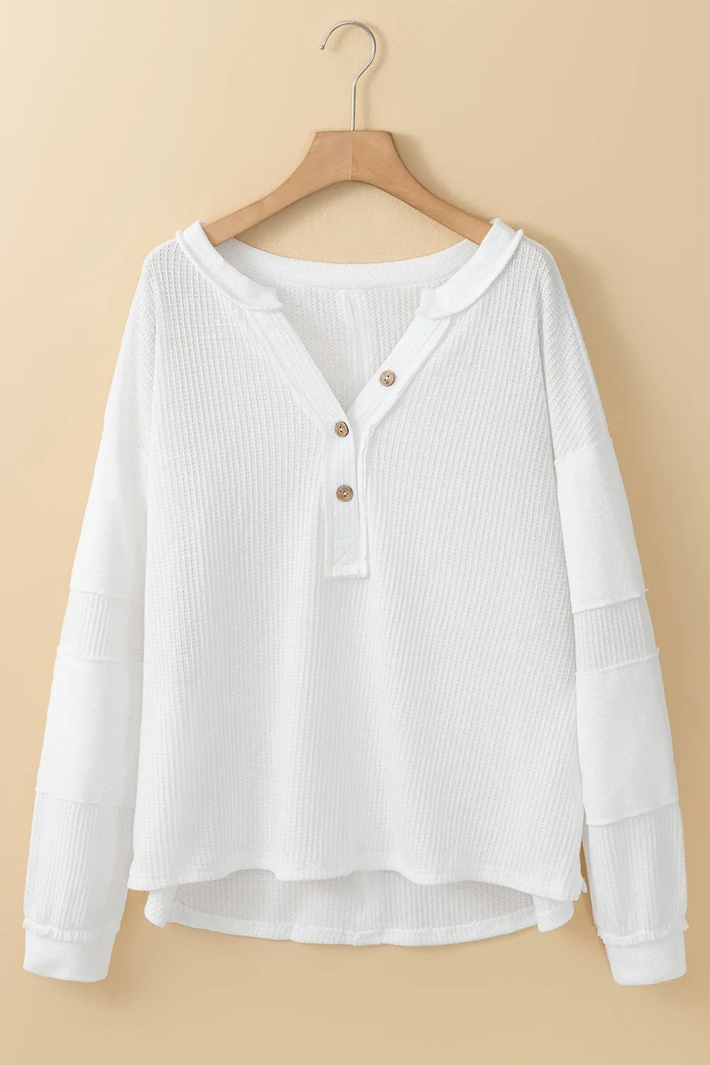 White Contrast Patched Exposed Seam Waffle Knit Henley Top