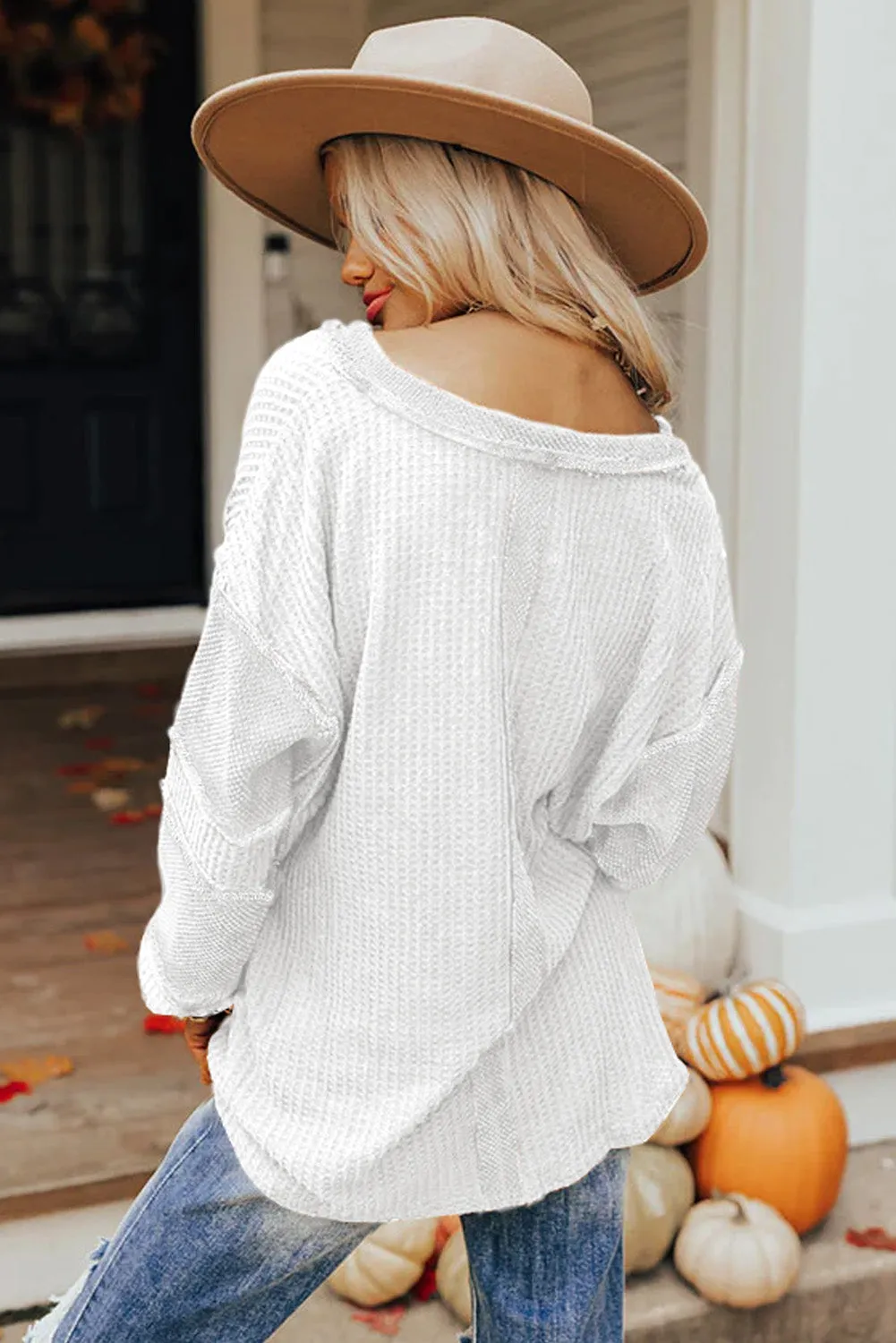 White Contrast Patched Exposed Seam Waffle Knit Henley Top