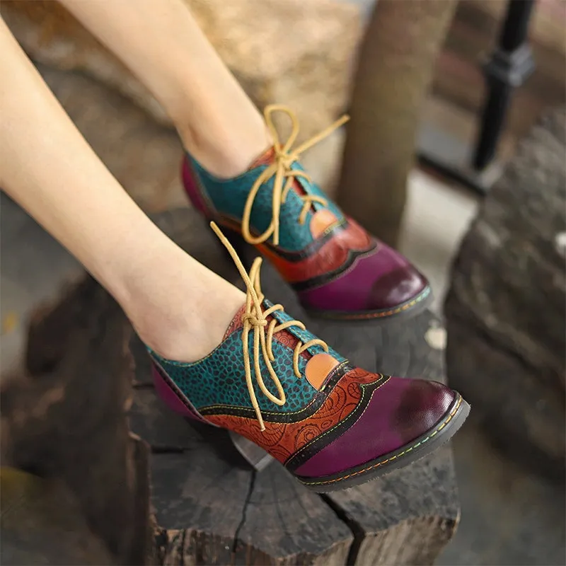 Women Fashion High Heel Oxfords Printing Leather Lace-Up Brogue Shoes in Purple